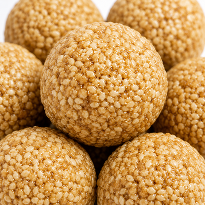 Close-up of sesame seed balls stacked together