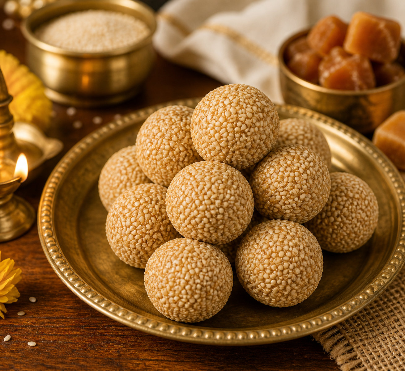 Traditional Indian sweet dish on a brass plate with a warm background