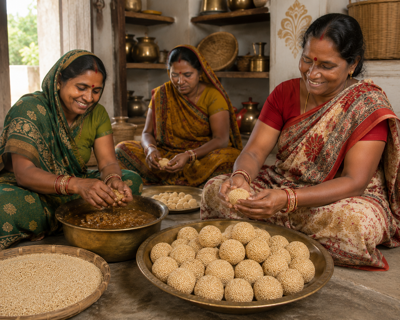 Three women in traditional attire preparing food in a kitchen setting.