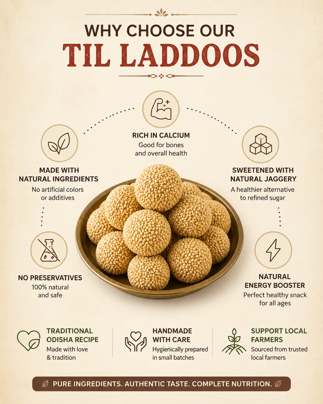 Promotional graphic for Til Laddoos with health benefits and product details.