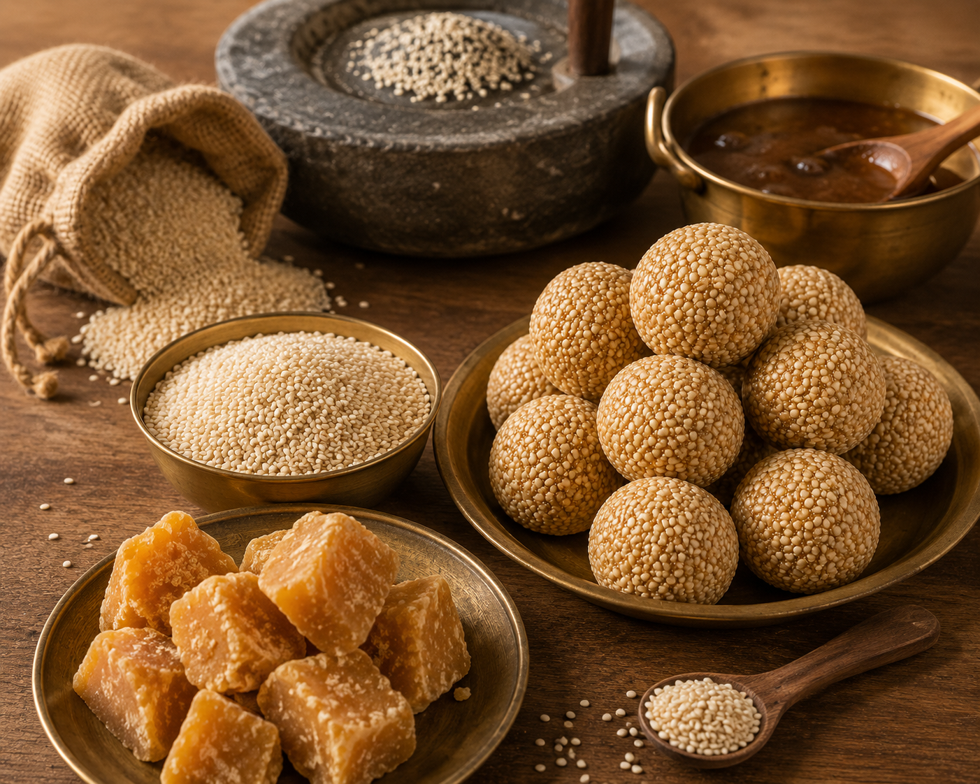 Traditional snacks including sesame balls and cubes on a wooden surface with sesame seeds and a mortar and pestle.